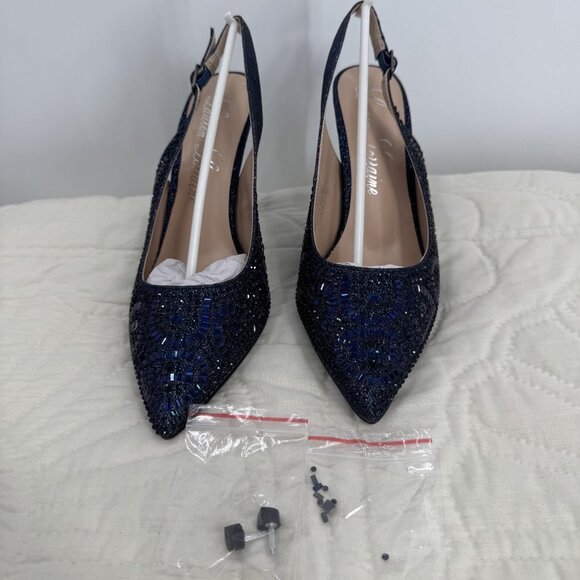 Lauren Lorraine Rachel Shoes Navy Slingback Heels Beaded Dress - Picture 5 of 10